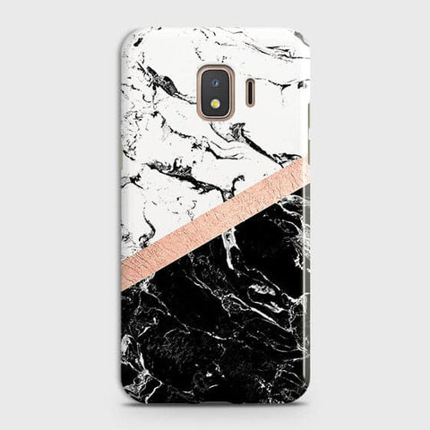 Samsung Galaxy J2 Core 2018 Cover - Black & White Marble With Chic RoseGold Strip Case with Life Time Colors Guarantee
