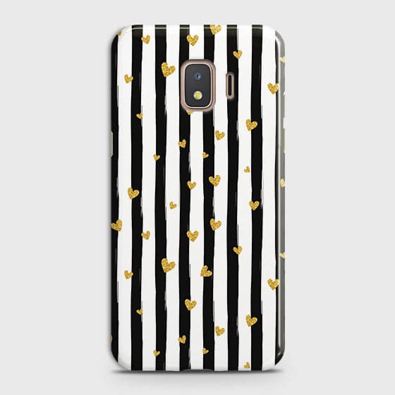 Samsung Galaxy J2 Core 2018 Cover - Trendy Black & White Lining With Golden Hearts Printed Hard Case with Life Time Colors Guarantee