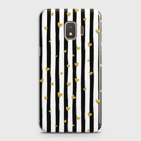 Samsung Galaxy J2 Core 2020 Cover - Trendy Black & White Lining With Golden Hearts Printed Hard Case with Life Time Colors Guarantee
