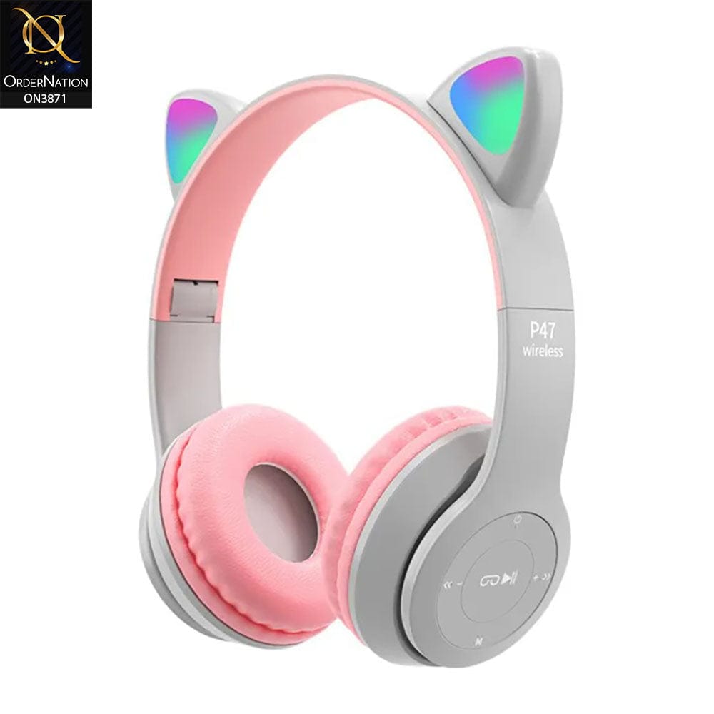 P47M Bluetooth Headphone Headset Headphone Cat Ear With Microphone Foldable Led Light Earphone - White & Pink