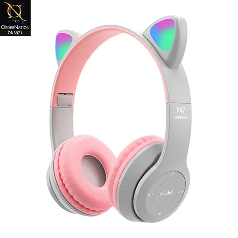 P47M Bluetooth Headphone Headset Headphone Cat Ear With Microphone Foldable Led Light Earphone - White & Pink