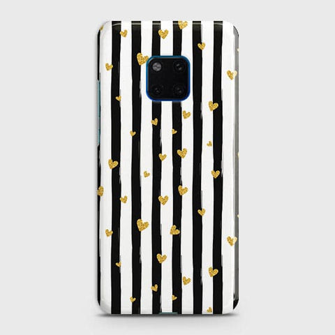 Huawei Mate 20 Pro Cover - Trendy Black & White Lining With Golden Hearts Printed Hard Case with Life Time Colors Guarantee