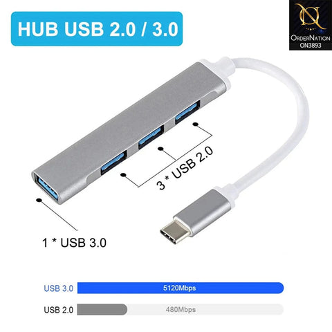 White - C809 Type C USB Hub 4-Port USB 3.0 Data Hub Adapter Portable USB 3.0 Hub Extension Cable Splitter 4 Ports High Speed Cable