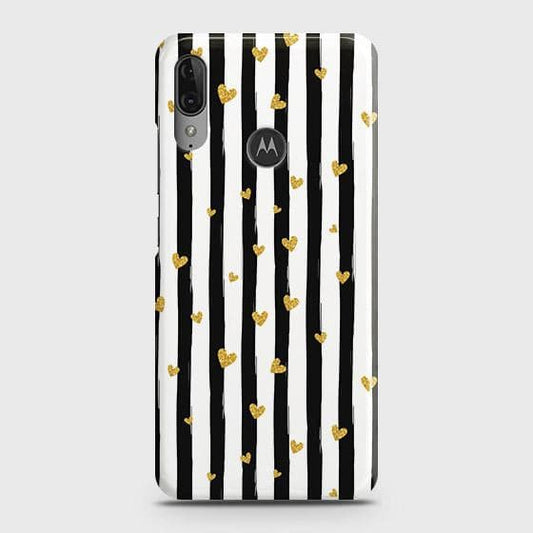 Motorola Moto E6 Plus Cover - Trendy Black & White Lining With Golden Hearts Printed Hard Case with Life Time Colors Guarantee