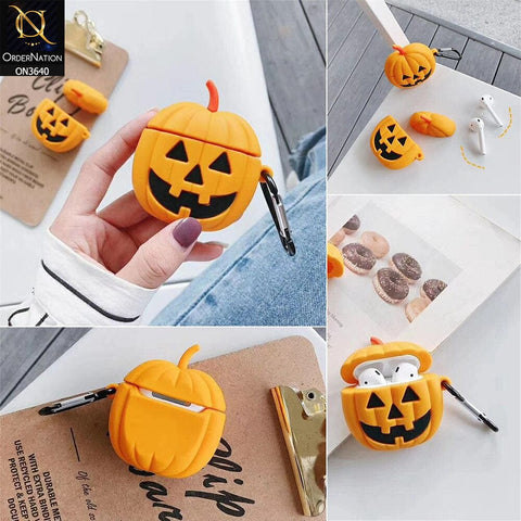 Apple Airpods 1 / 2 Cover - Orange - New Trending 3D Pumpkin Latern Soft Silicone Airpods Case