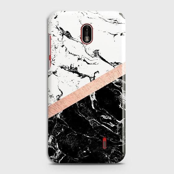 Nokia 1 Plus Cover - Black & White Marble With Chic RoseGold Strip Case with Life Time Colors Guarantee