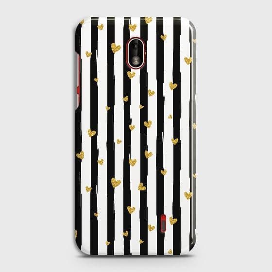 Nokia 1 Plus Cover - Trendy Black & White Lining With Golden Hearts Printed Hard Case with Life Time Colors Guarantee