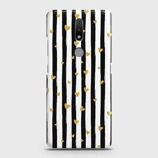 Nokia 2.4 Cover - Trendy Black & White Lining With Golden Hearts Printed Hard Case with Life Time Colors Guarantee
