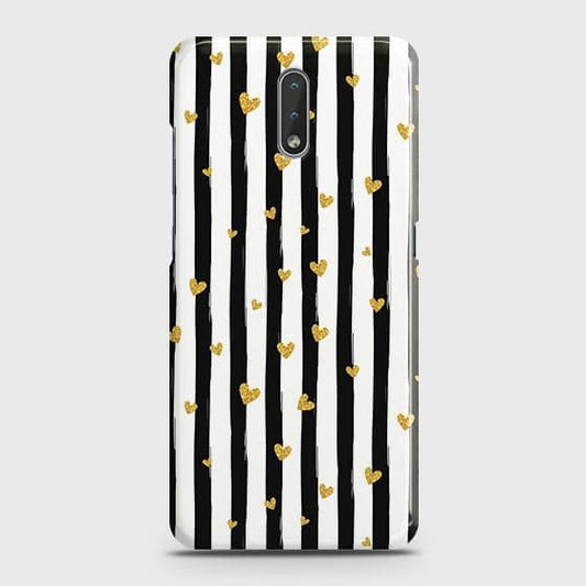 Nokia 2.3 Cover - Trendy Black & White Lining With Golden Hearts Printed Hard Case with Life Time Colors Guarantee