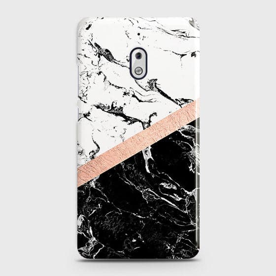 Nokia 2.1 Cover - Black & White Marble With Chic RoseGold Strip Case with Life Time Colors Guarantee