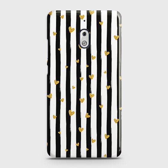 Nokia 2.1 Cover - Trendy Black & White Lining With Golden Hearts Printed Hard Case with Life Time Colors Guarantee