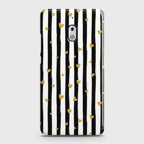 Nokia 2.1 Cover - Trendy Black & White Lining With Golden Hearts Printed Hard Case with Life Time Colors Guarantee