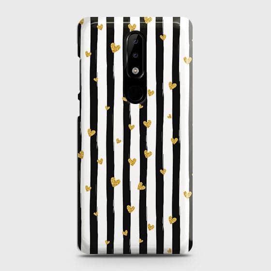Nokia 3.1 Plus Cover - Trendy Black & White Lining With Golden Hearts Printed Hard Case with Life Time Colors Guarantee