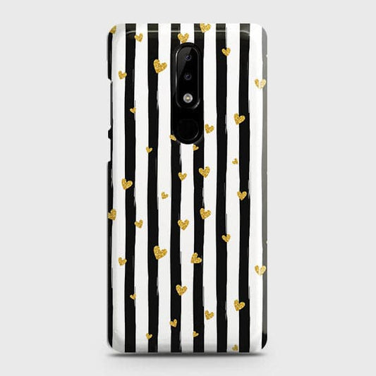 Nokia 3.1 Plus Cover - Trendy Black & White Lining With Golden Hearts Printed Hard Case with Life Time Colors Guarantee