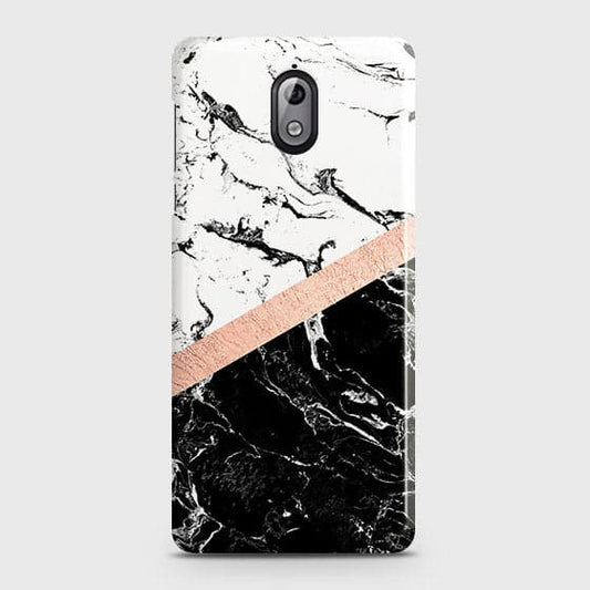 Nokia 3.1 Cover - Black & White Marble With Chic RoseGold Strip Case with Life Time Colors Guarantee