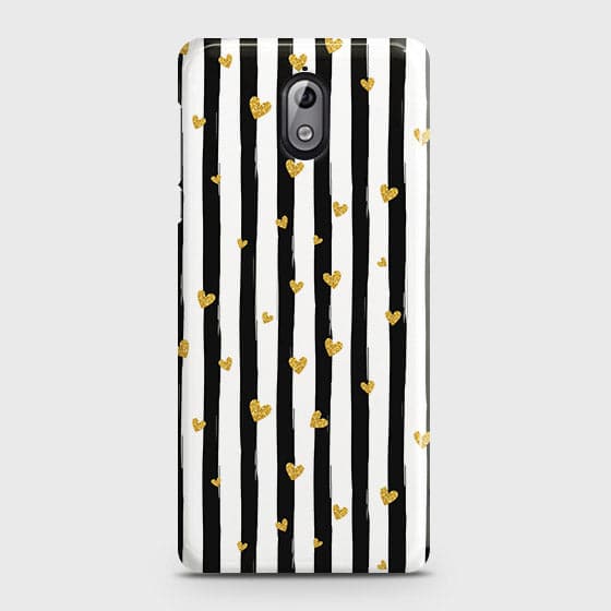 Nokia 3.1 Cover - Trendy Black & White Lining With Golden Hearts Printed Hard Case with Life Time Colors Guarantee