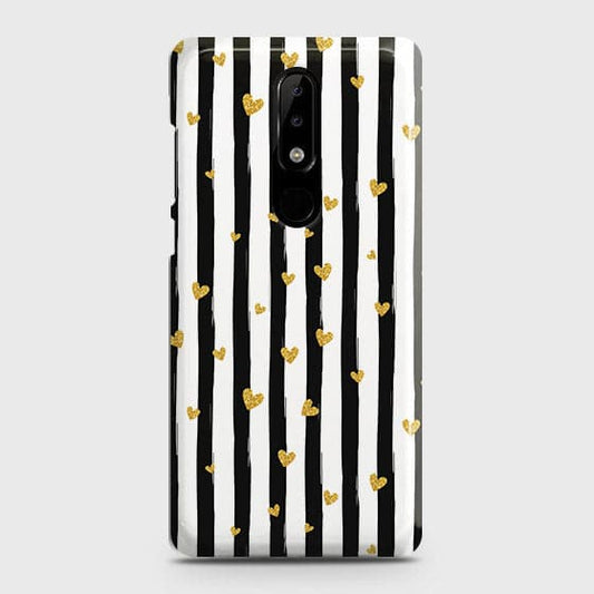 Nokia 5.1 Plus / Nokia X5 Cover - Trendy Black & White Lining With Golden Hearts Printed Hard Case with Life Time Colors Guarantee
