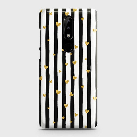 Nokia 5.1 Plus / Nokia X5 Cover - Trendy Black & White Lining With Golden Hearts Printed Hard Case with Life Time Colors Guarantee