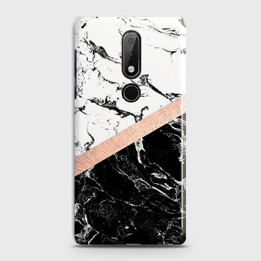 Nokia 7.1 Cover - Black & White Marble With Chic RoseGold Strip Case with Life Time Colors Guarantee
