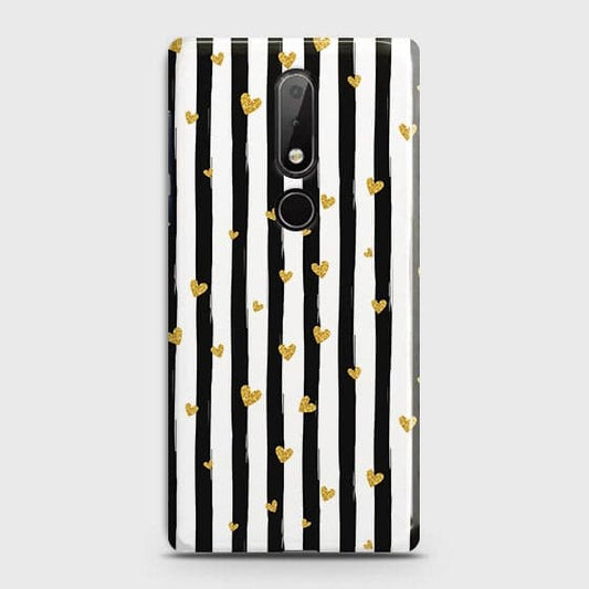 Nokia 7.1 Cover - Trendy Black & White Lining With Golden Hearts Printed Hard Case with Life Time Colors Guarantee