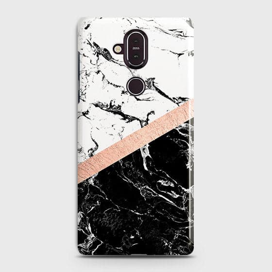 Nokia 8.1 Cover - Black & White Marble With Chic RoseGold Strip Case with Life Time Colors Guarantee