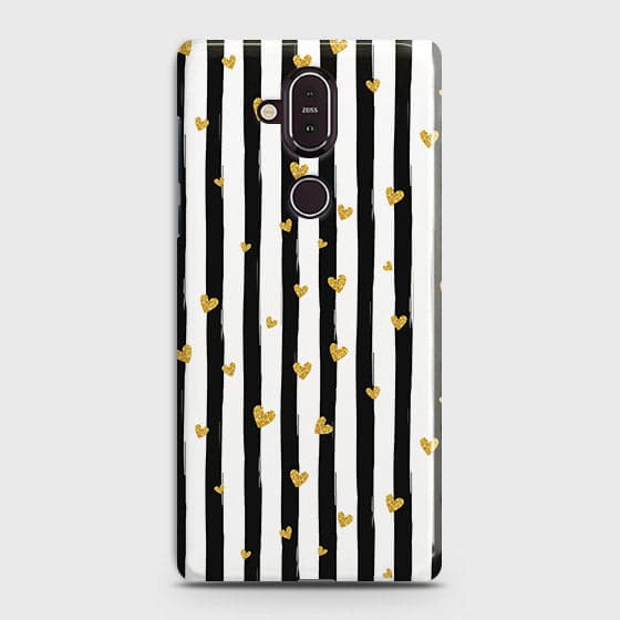 Nokia 8.1 Cover - Trendy Black & White Lining With Golden Hearts Printed Hard Case with Life Time Colors Guarantee