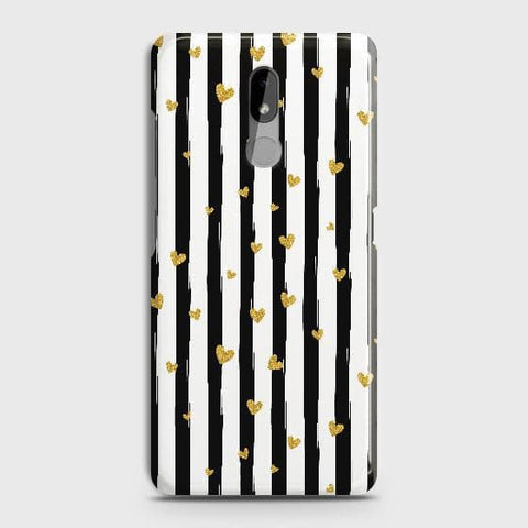 Nokia 3.2 Cover - Trendy Black & White Lining With Golden Hearts Printed Hard Case with Life Time Colors Guarantee