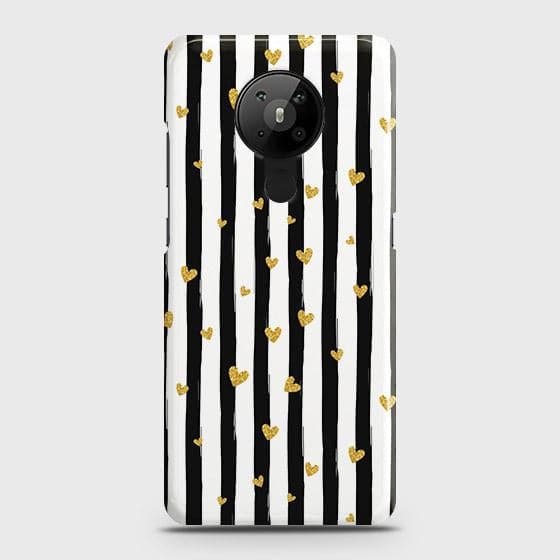 Nokia 5.3 Cover - Trendy Black & White Lining With Golden Hearts Printed Hard Case with Life Time Colors Guarantee