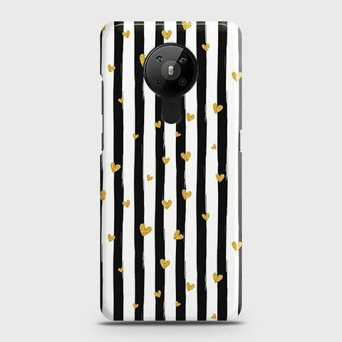 Nokia 5.3 Cover - Trendy Black & White Lining With Golden Hearts Printed Hard Case with Life Time Colors Guarantee