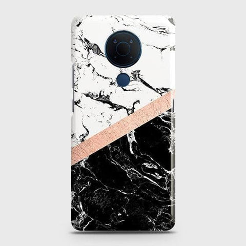 Nokia 5.4 Cover - Black & White Marble With Chic RoseGold Strip Case with Life Time Colors Guarantee