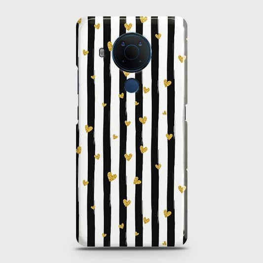 Nokia 5.4 Cover - Trendy Black & White Lining With Golden Hearts Printed Hard Case with Life Time Colors Guarantee