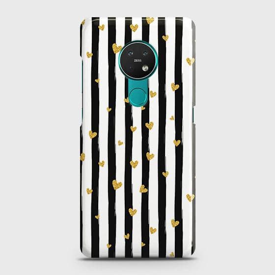 Nokia 6.2 Cover - Trendy Black & White Lining With Golden Hearts Printed Hard Case with Life Time Colors Guarantee