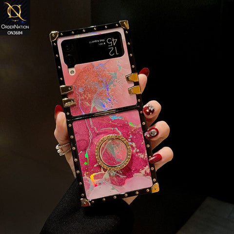 Samsung Galaxy Z Flip 3 5G Cover - Design 4 - Trendy Holographic Design Golden Square Case with Matching Bling Ring Holder