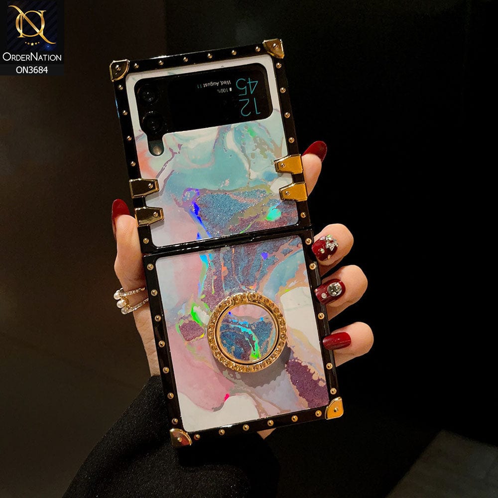 Samsung Galaxy Z Flip 3 5G Cover - Design 2 - Trendy Holographic Design Golden Square Case with Matching Bling Ring Holder
