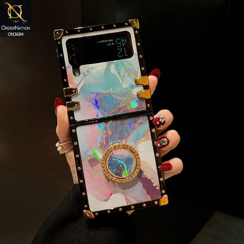 Samsung Galaxy Z Flip 4 5G Cover - Design 2 - Trendy Holographic Design Golden Square Case with Matching Bling Ring Holder
