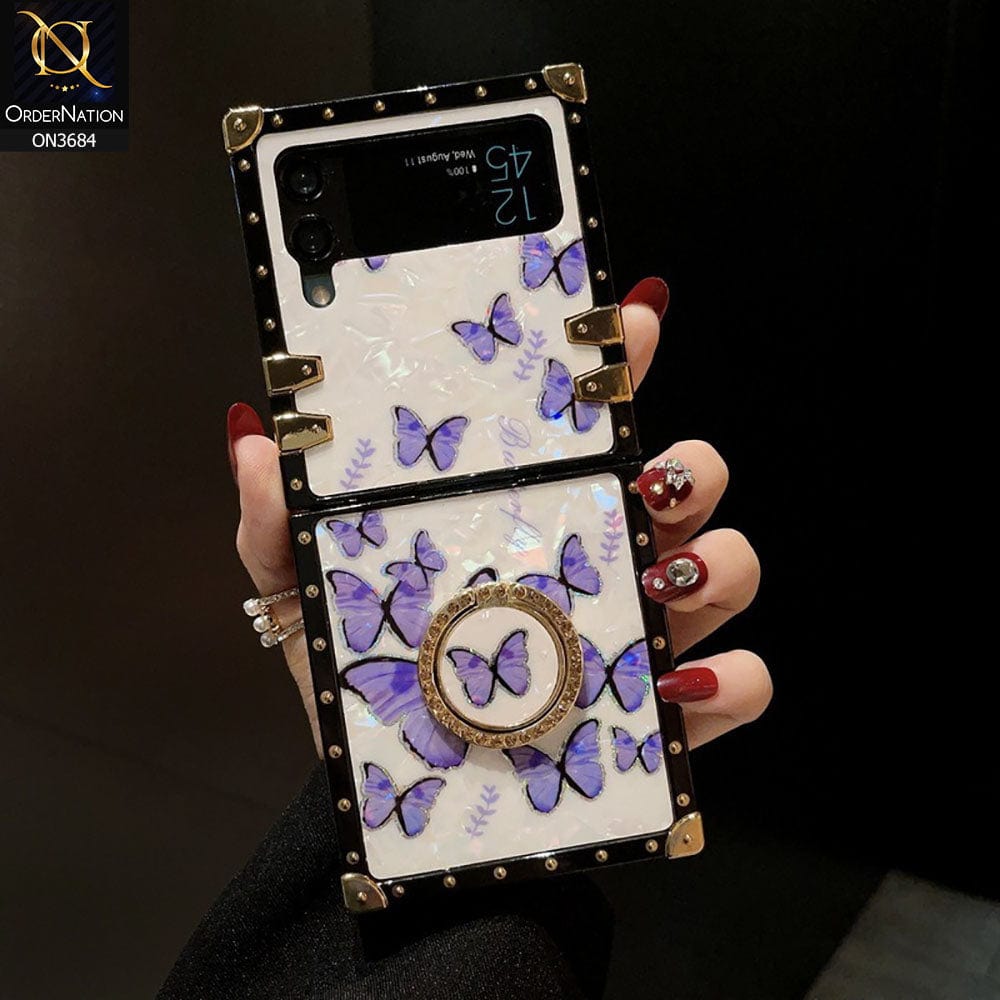 Samsung Galaxy Z Flip 3 5G Cover - Design 5 - Trendy Holographic Design Golden Square Case with Matching Bling Ring Holder