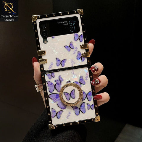 Samsung Galaxy Z Flip 3 5G Cover - Design 5 - Trendy Holographic Design Golden Square Case with Matching Bling Ring Holder