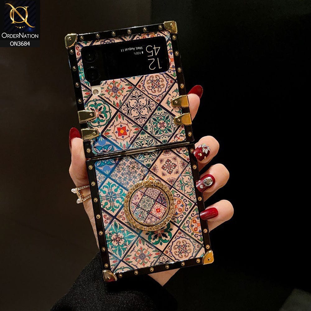 Samsung Galaxy Z Flip 4 5G Cover - Design 3 - Trendy Holographic Design Golden Square Case with Matching Bling Ring Holder