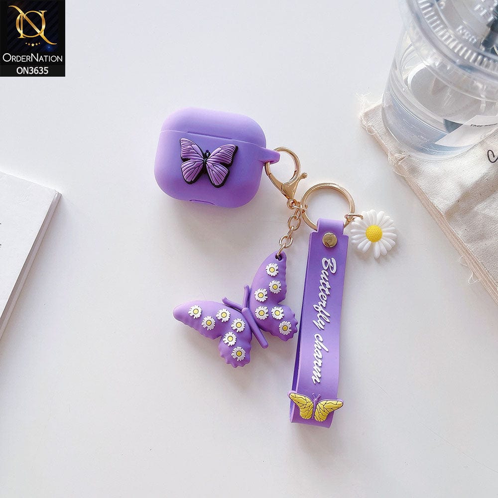 Apple Airpods Pro Cover - Purple - 3D Butterfly Cute Flower Soft Silicone Airpod Case With Hand Holder