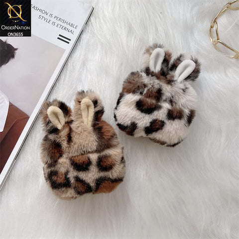 Apple Airpods 3rd Gen 2021 Cover - Brown - Fluffy Winter Warm Ear PLush Hard Silicone Airpods Case