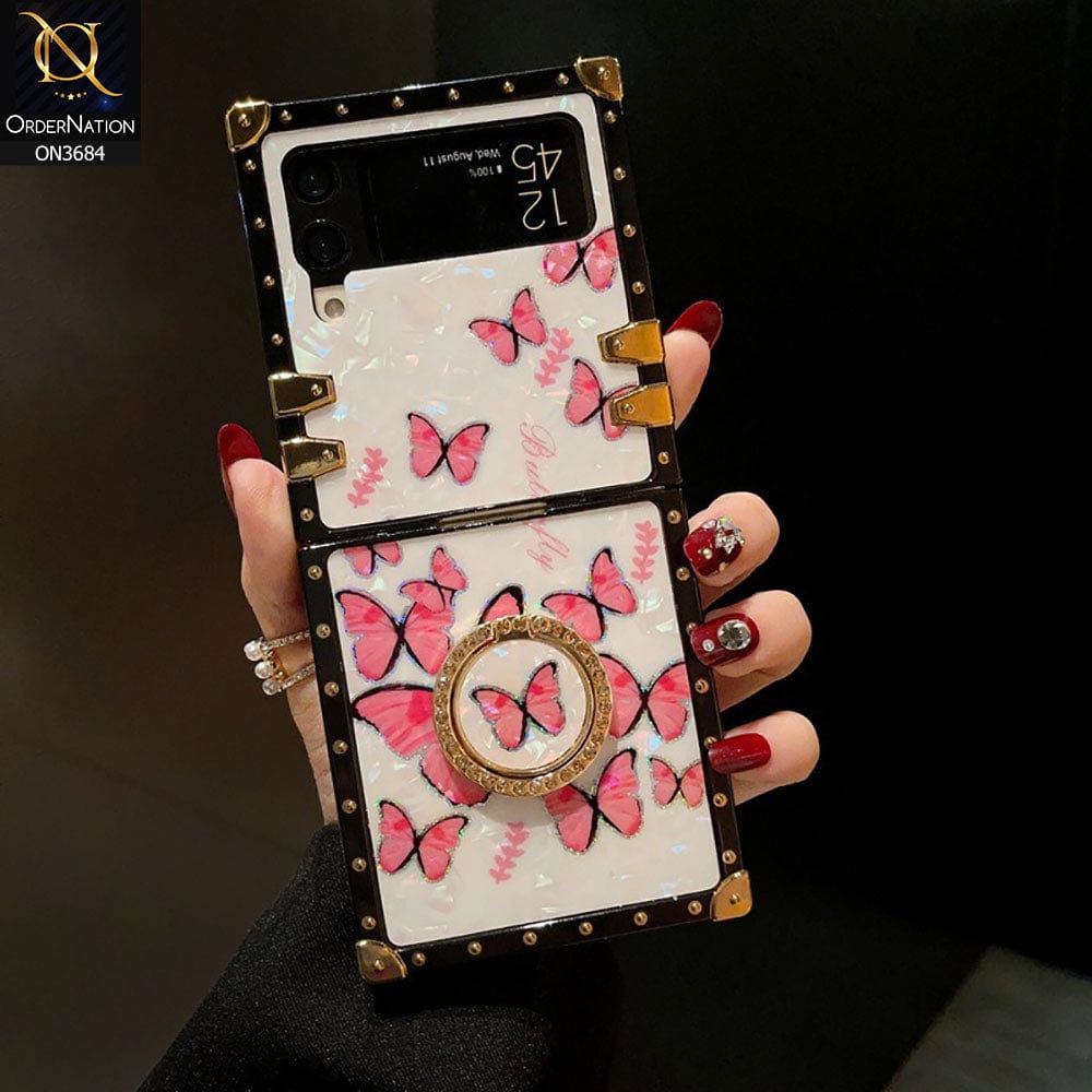 Samsung Galaxy Z Flip 4 5G Cover - Design 1 - Trendy Holographic Design Golden Square Case with Matching Bling Ring Holder