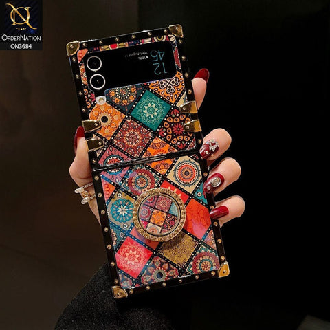 Samsung Galaxy Z Flip 3 5G Cover - Design 7 - Trendy Holographic Design Golden Square Case with Matching Bling Ring Holder