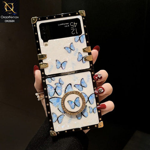 Samsung Galaxy Z Flip 4 5G Cover - Design 6 - Trendy Holographic Design Golden Square Case with Matching Bling Ring Holder