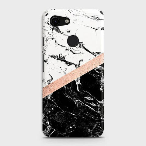 Google Pixel 3a Cover - Matte Finish - Black & White Marble With Chic RoseGold Strip Case with Life Time Colors Guarantee