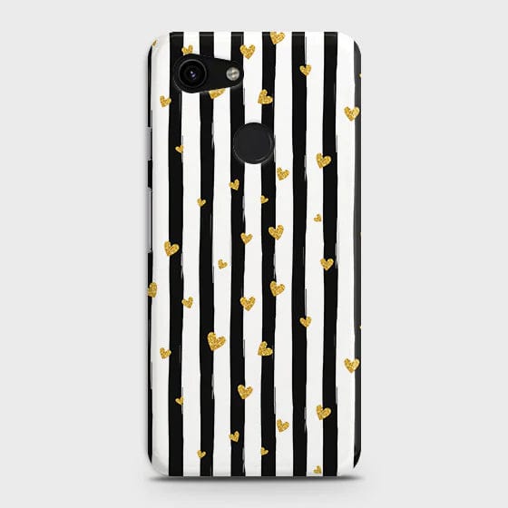 Google Pixel 3a Cover - Matte Finish - Matte Finish - Trendy Black & White Lining With Golden Hearts Printed Hard Case with Life Time Colors Guarantee
