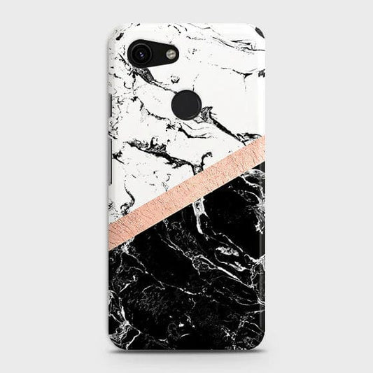 Google Pixel 3a XL Cover - Matte Finish - Black & White Marble With Chic RoseGold Strip Case with Life Time Colors Guarantee