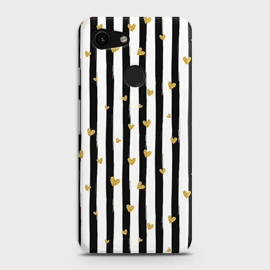 Google Pixel 3a XL Cover - Matte Finish - Matte Finish - Trendy Black & White Lining With Golden Hearts Printed Hard Case with Life Time Colors Guarantee