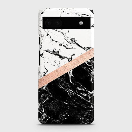 Google Pixel 6a Cover - Black & White Marble With Chic RoseGold Strip Case with Life Time Colors Guarantee
