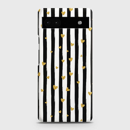 Google Pixel 6a Cover - Trendy Black & White Lining With Golden Hearts Printed Hard Case with Life Time Colors Guarantee