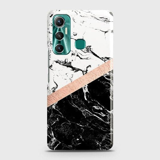 Infinix Hot 11 Cover - Black & White Marble With Chic RoseGold Strip Case with Life Time Colors Guarantee